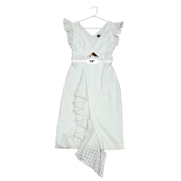 PATBO romantic ruffle sleeve Belted Eyelet Midi Dress In White sz 4 - Picture 8 of 14